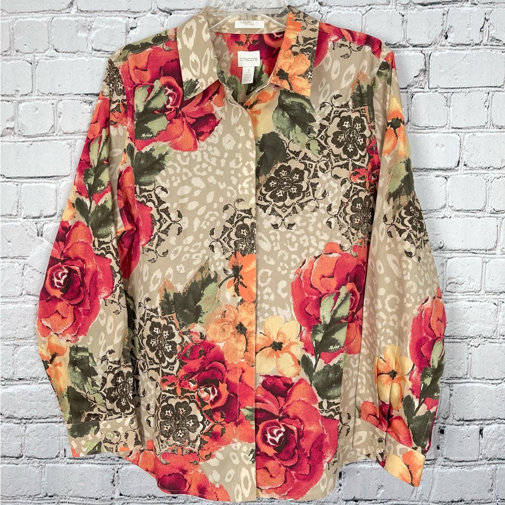 Chico’s Top Women’s XL 3 Brown Floral Long Sleeve Button Up Casual